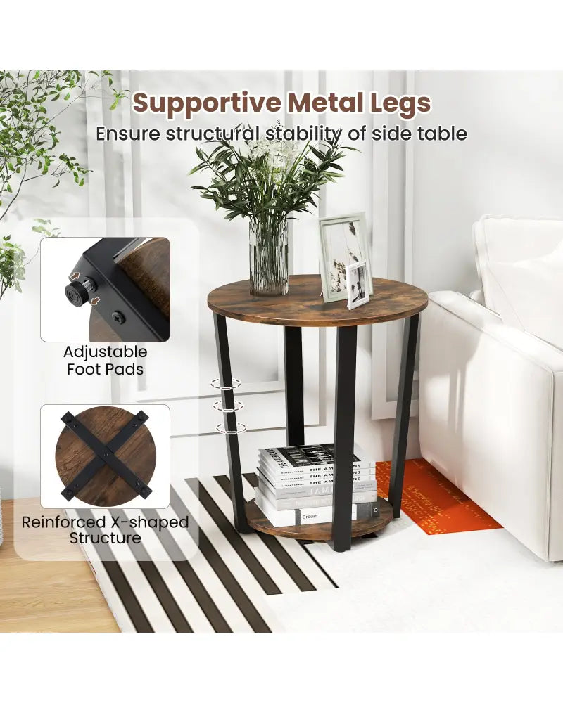 2-Tier Round End Table with Storage Shelf and Metal Frame-Brown - Brown - End & Side Tables
