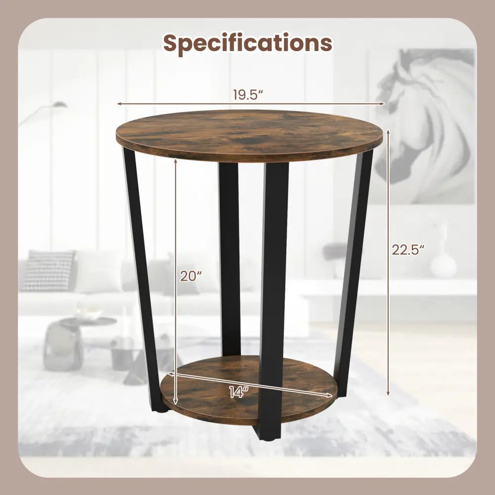 2-Tier Round End Table with Storage Shelf and Metal Frame-Brown - Brown - End & Side Tables