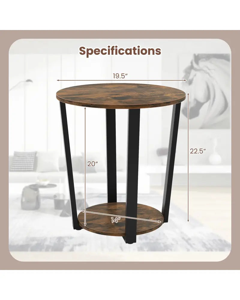 2-Tier Round End Table with Storage Shelf and Metal Frame-Brown - Brown - End & Side Tables