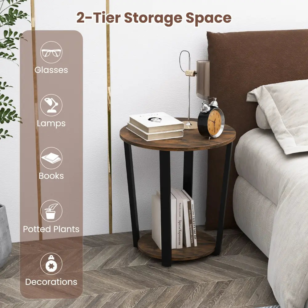 2-Tier Round End Table with Storage Shelf and Metal Frame-Brown - Brown - End & Side Tables