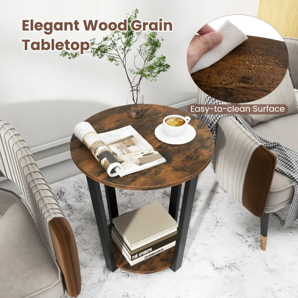 2-Tier Round End Table with Storage Shelf and Metal Frame-Brown - Brown - End & Side Tables