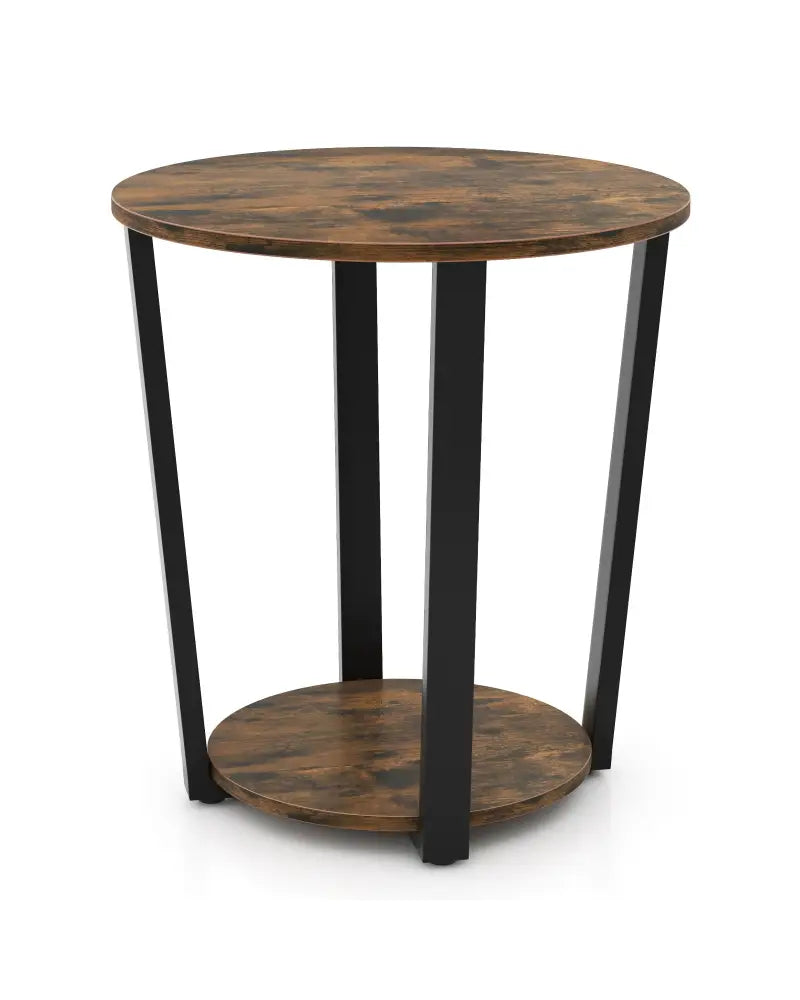 2-Tier Round End Table with Storage Shelf and Metal Frame-Brown - Brown - End & Side Tables