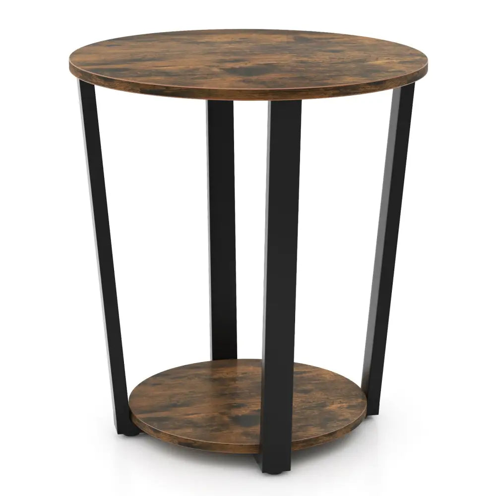 2-Tier Round End Table with Storage Shelf and Metal Frame-Brown - Brown - End & Side Tables