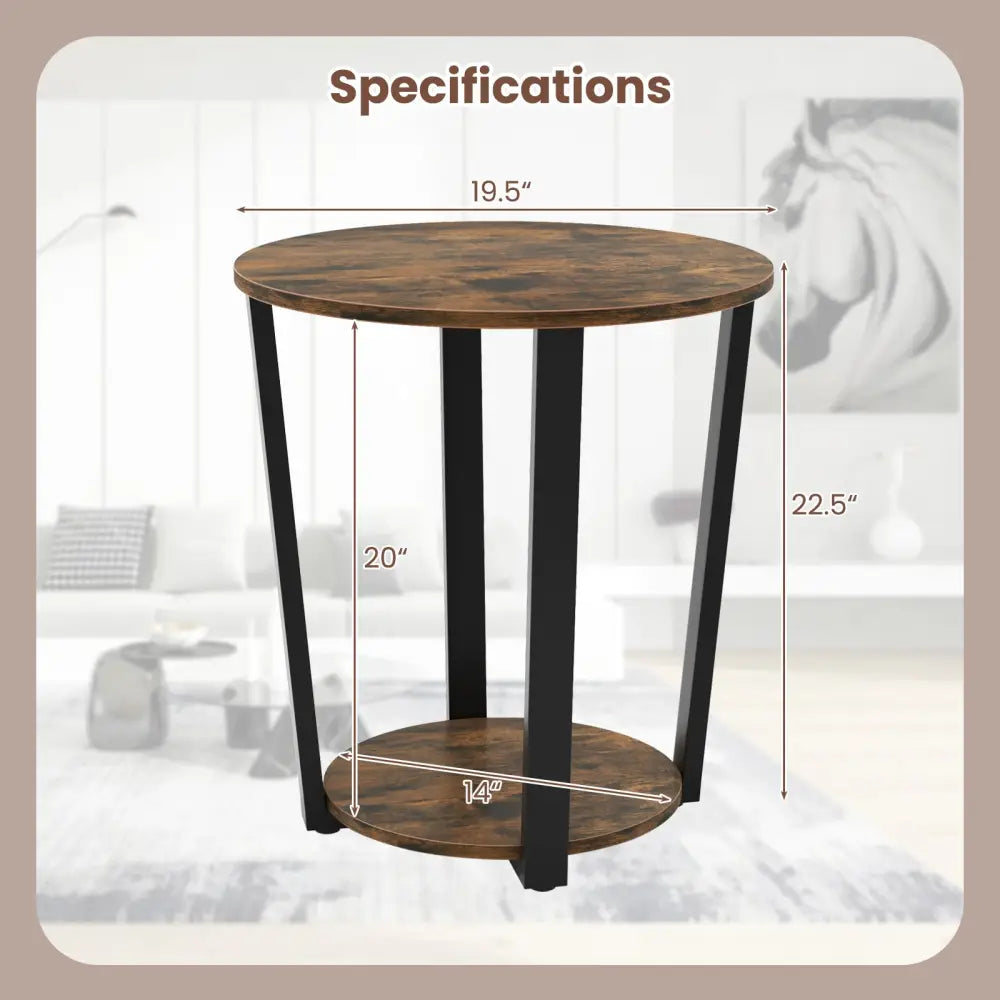 2-Tier Round End Table with Storage Shelf and Metal Frame-Brown - Brown - End & Side Tables