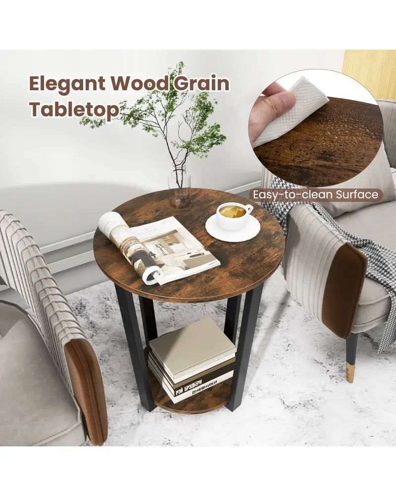 2-Tier Round End Table with Storage Shelf and Metal Frame-Brown - Brown - End & Side Tables