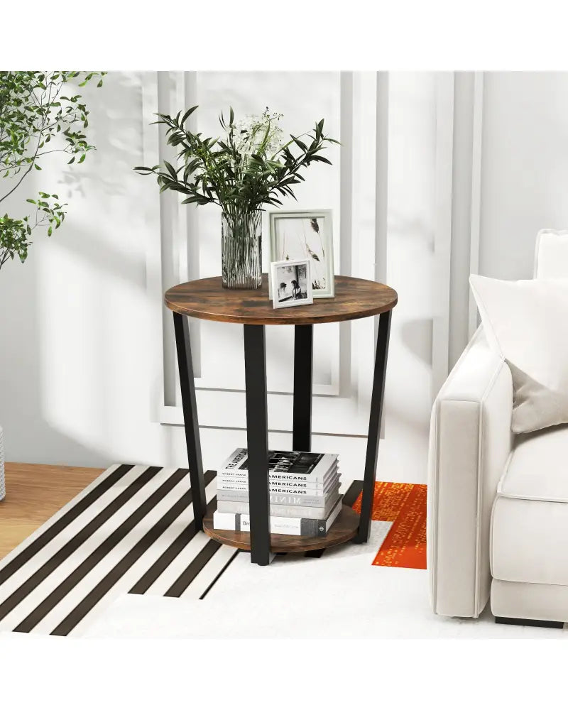 2-Tier Round End Table with Storage Shelf and Metal Frame-Brown - Brown - End & Side Tables