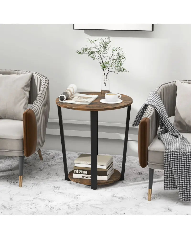 2-Tier Round End Table with Storage Shelf and Metal Frame-Brown - Brown - End & Side Tables