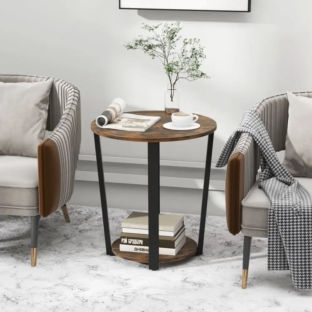 2-Tier Round End Table with Storage Shelf and Metal Frame-Brown - Brown - End & Side Tables