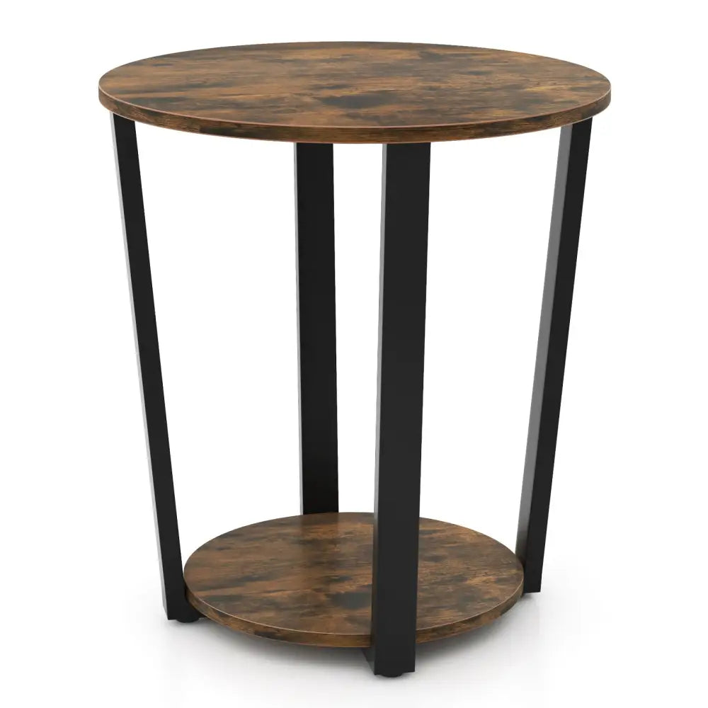 2-Tier Round End Table with Storage Shelf and Metal Frame-Brown - Brown - End & Side Tables