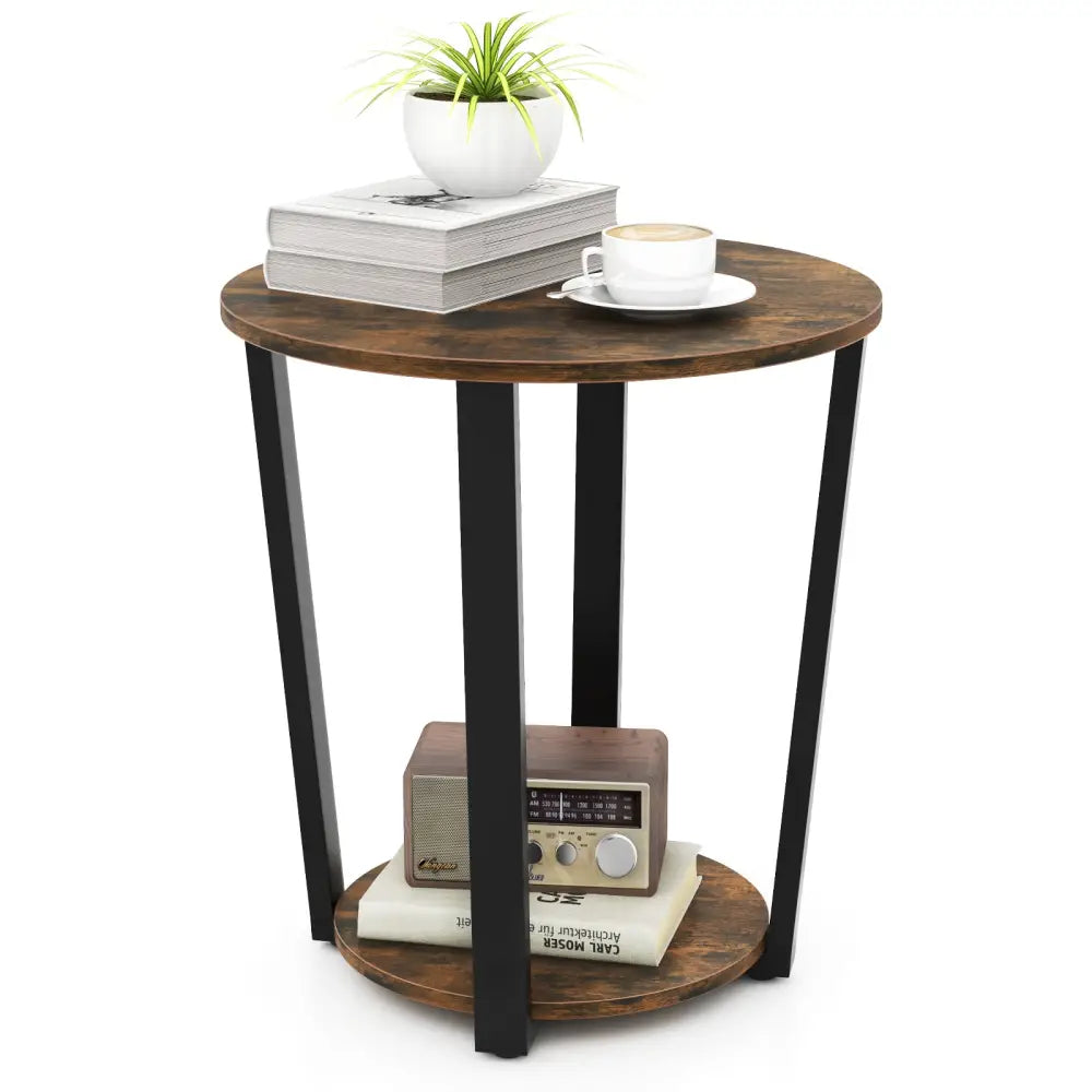 2-Tier Round End Table with Storage Shelf and Metal Frame-Brown - Brown - End & Side Tables