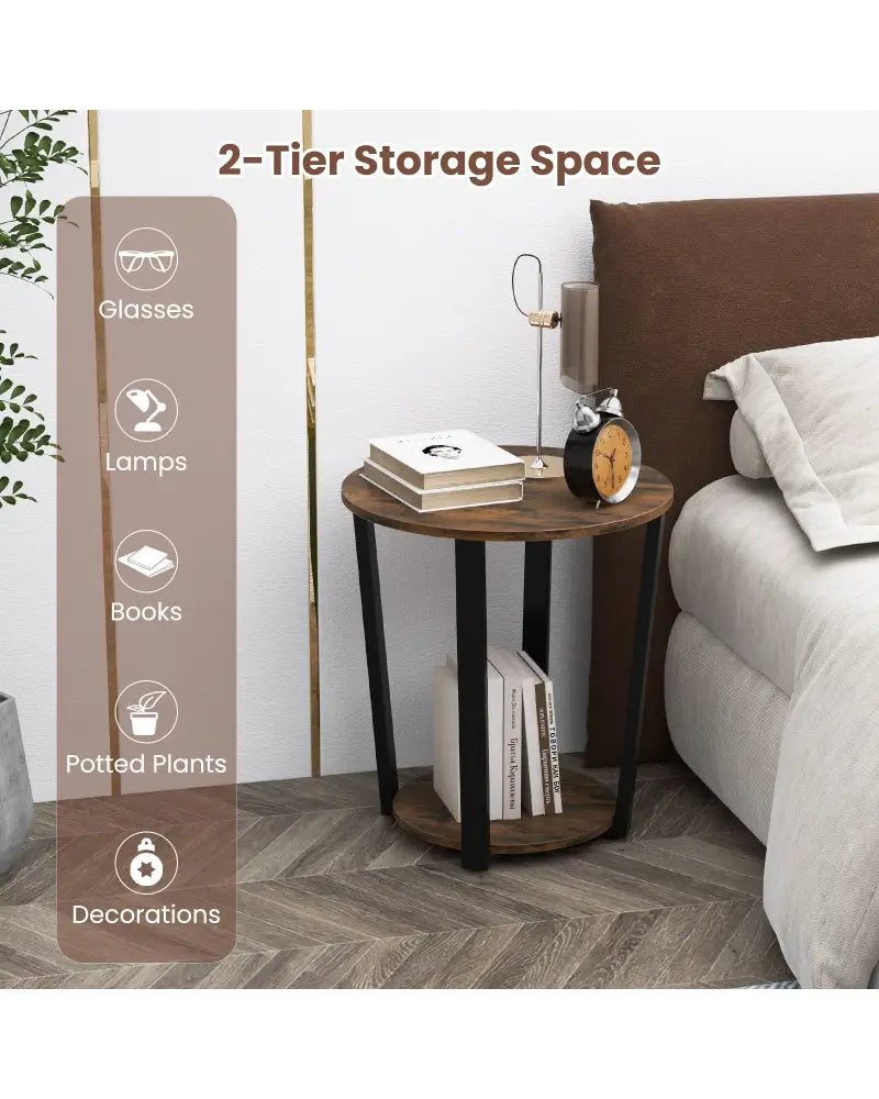 2-Tier Round End Table with Storage Shelf and Metal Frame-Brown - Brown - End & Side Tables