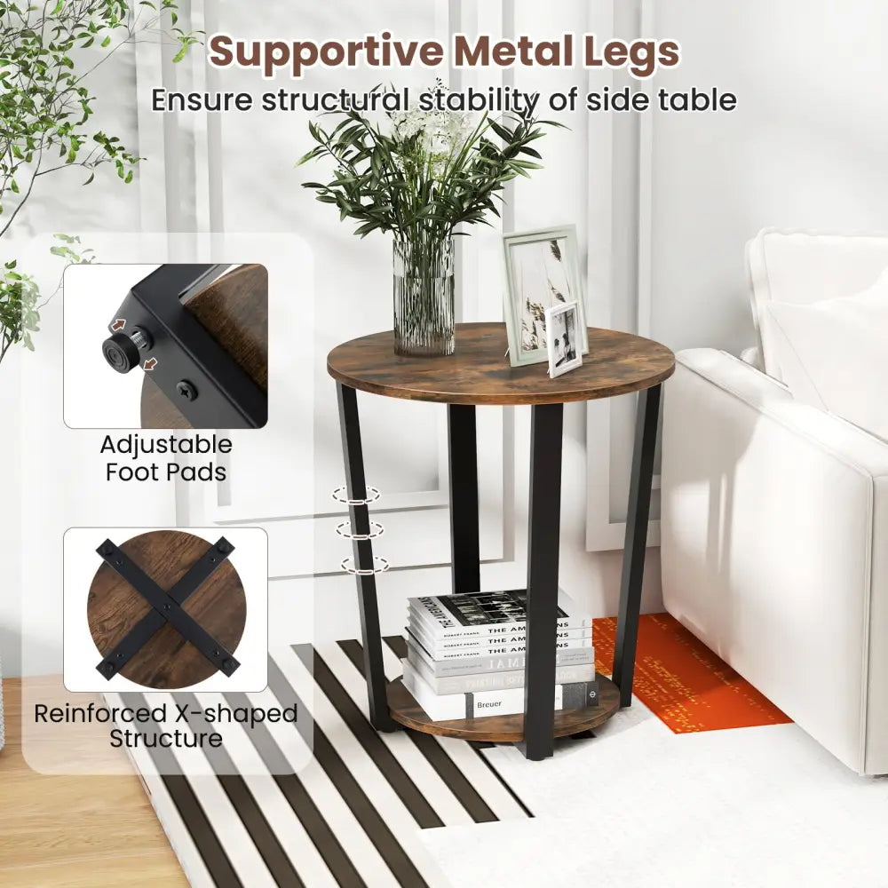 2-Tier Round End Table with Storage Shelf and Metal Frame-Brown - Brown - End & Side Tables