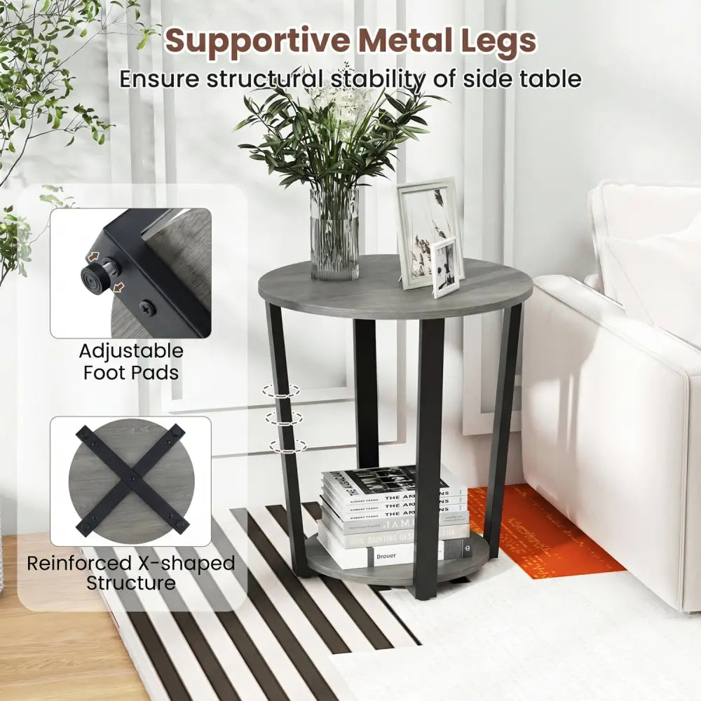 2-Tier Round End Table with Storage Shelf and Metal Frame-Oak - Oak - End & Side Tables