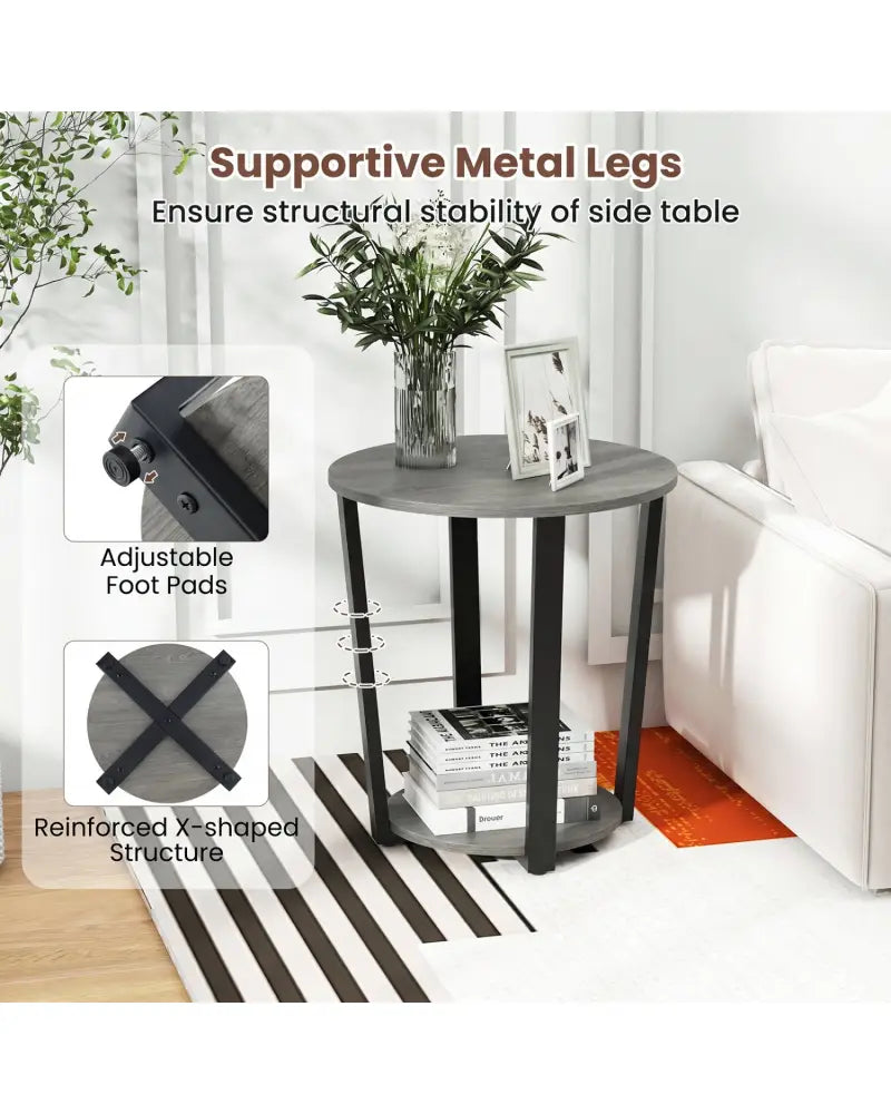 2-Tier Round End Table with Storage Shelf and Metal Frame-Oak - Oak - End & Side Tables