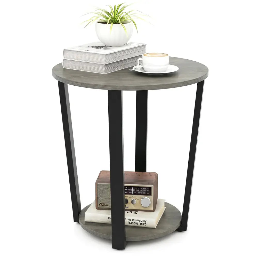 2-Tier Round End Table with Storage Shelf and Metal Frame-Oak - Oak - End & Side Tables