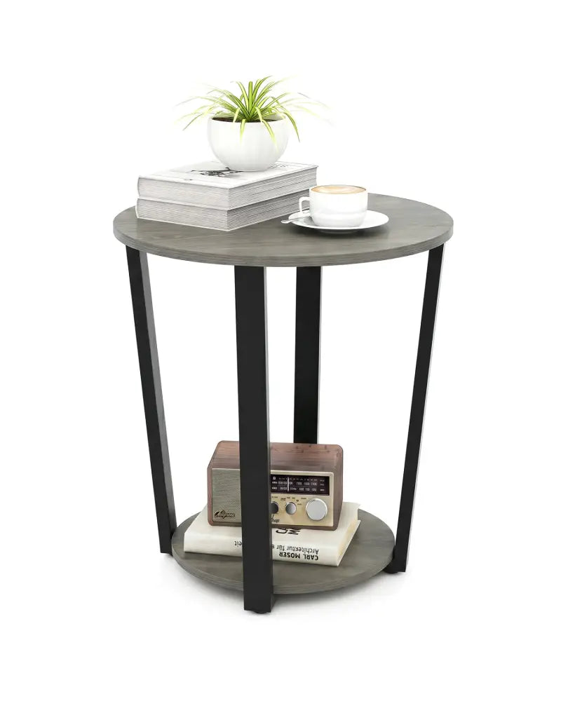2-Tier Round End Table with Storage Shelf and Metal Frame-Oak - Oak - End & Side Tables