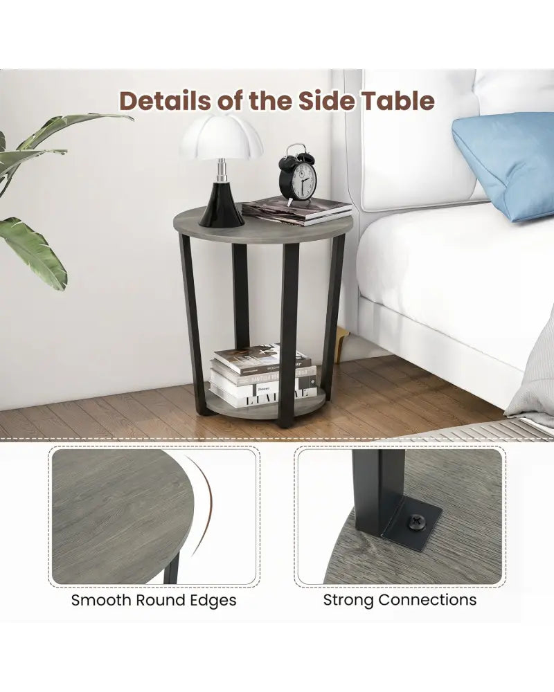 2-Tier Round End Table with Storage Shelf and Metal Frame-Oak - Oak - End & Side Tables