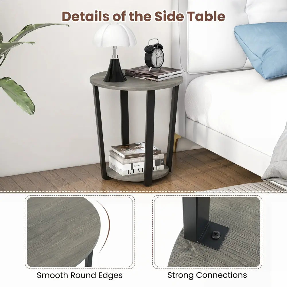 2-Tier Round End Table with Storage Shelf and Metal Frame-Oak - Oak - End & Side Tables