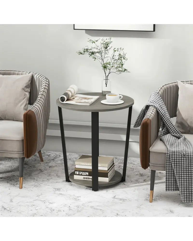 2-Tier Round End Table with Storage Shelf and Metal Frame-Oak - Oak - End & Side Tables