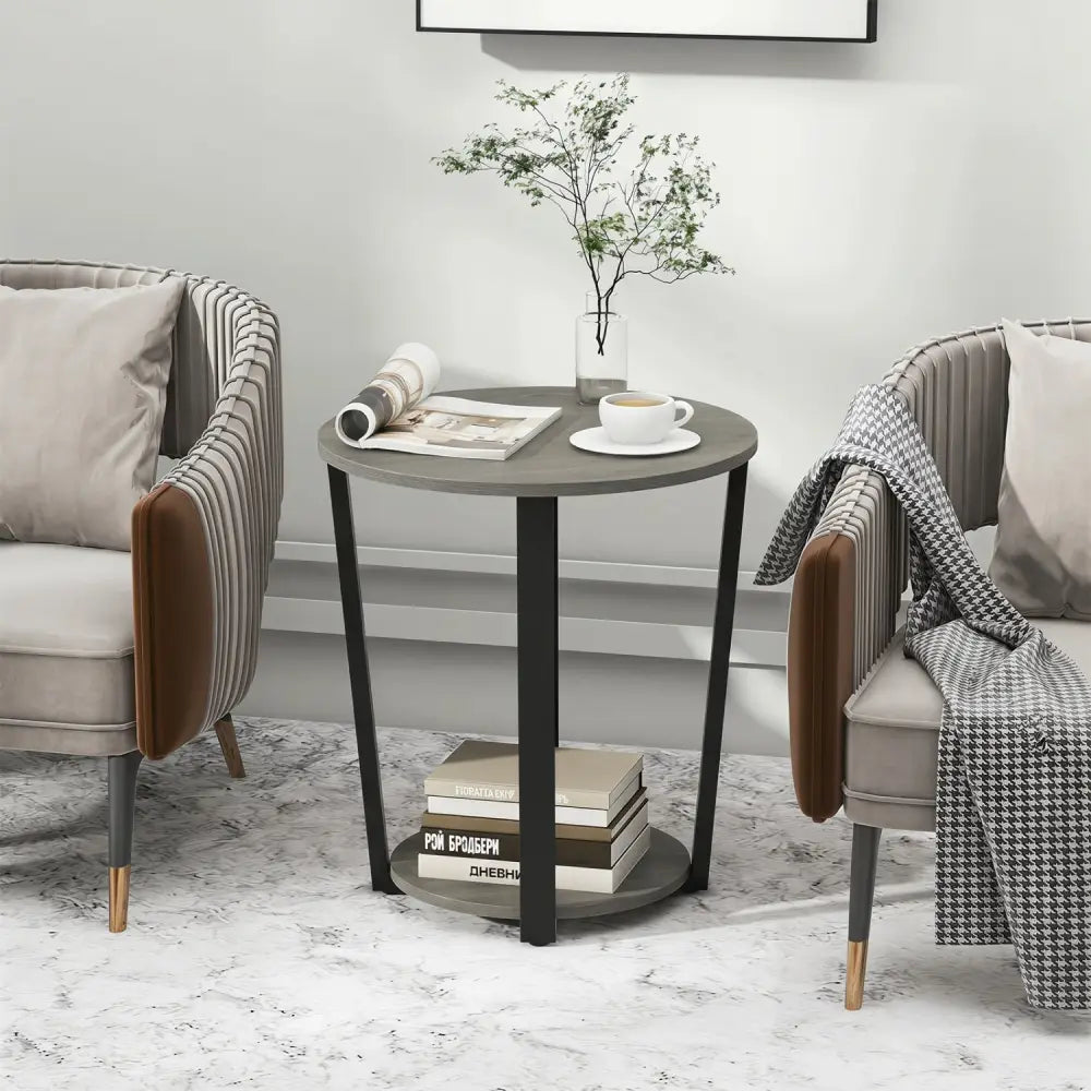 2-Tier Round End Table with Storage Shelf and Metal Frame-Oak - Oak - End & Side Tables
