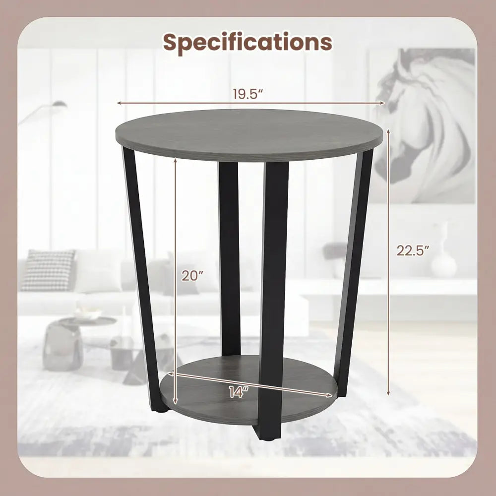 2-Tier Round End Table with Storage Shelf and Metal Frame-Oak - Oak - End & Side Tables