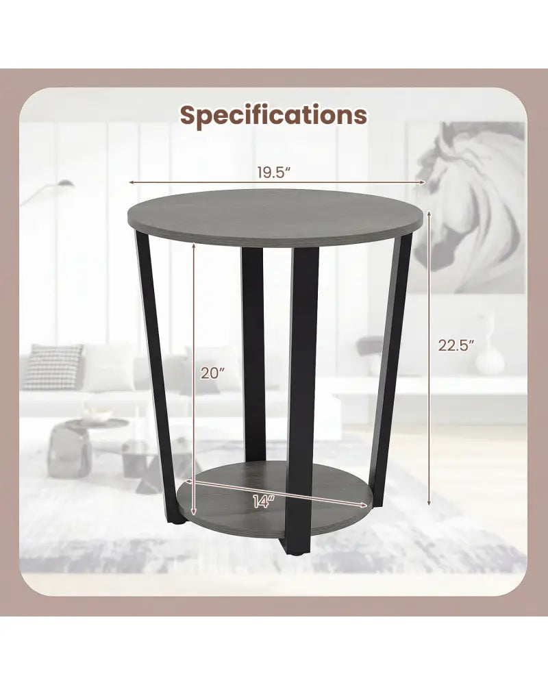 2-Tier Round End Table with Storage Shelf and Metal Frame-Oak - Oak - End & Side Tables