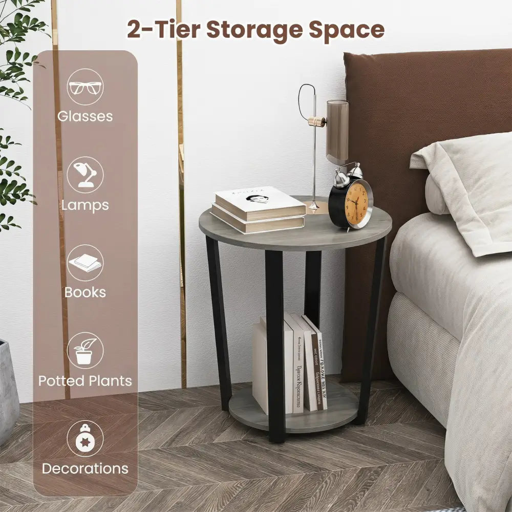 2-Tier Round End Table with Storage Shelf and Metal Frame-Oak - Oak - End & Side Tables