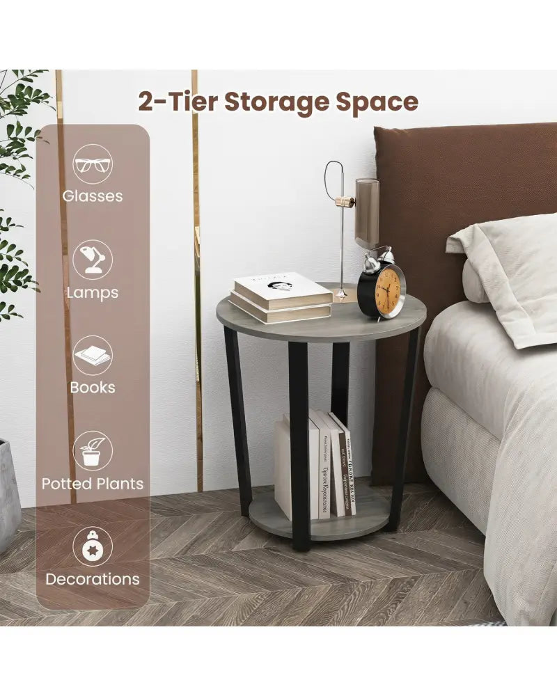2-Tier Round End Table with Storage Shelf and Metal Frame-Oak - Oak - End & Side Tables