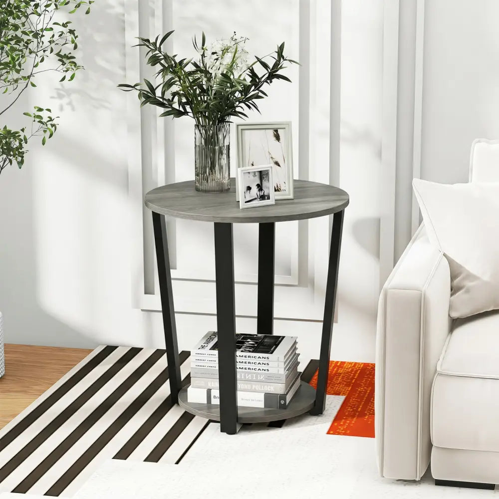 2-Tier Round End Table with Storage Shelf and Metal Frame-Oak - Oak - End & Side Tables