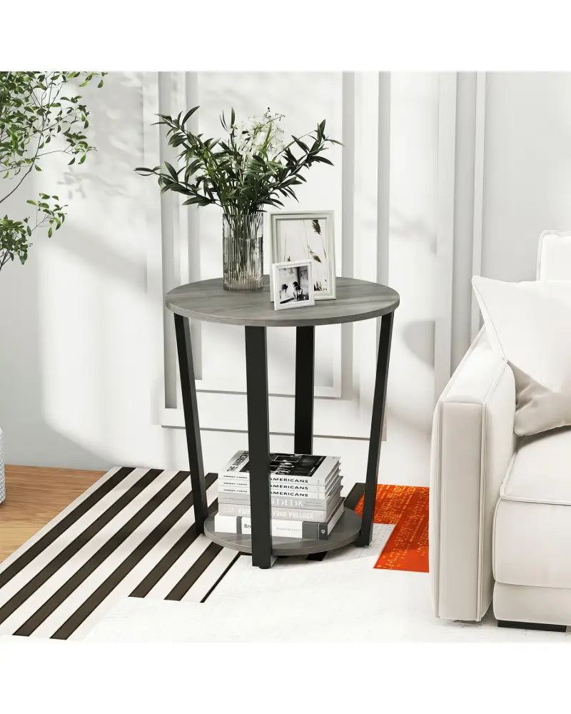 2-Tier Round End Table with Storage Shelf and Metal Frame-Oak - Oak - End & Side Tables