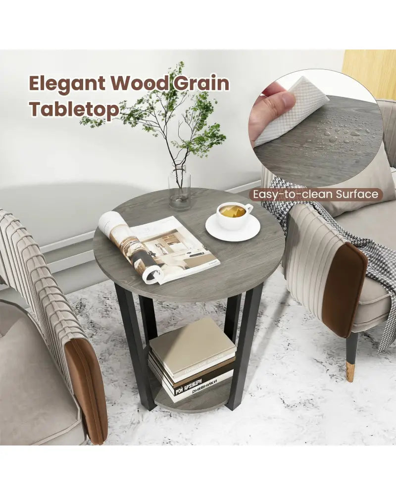 2-Tier Round End Table with Storage Shelf and Metal Frame-Oak - Oak - End & Side Tables