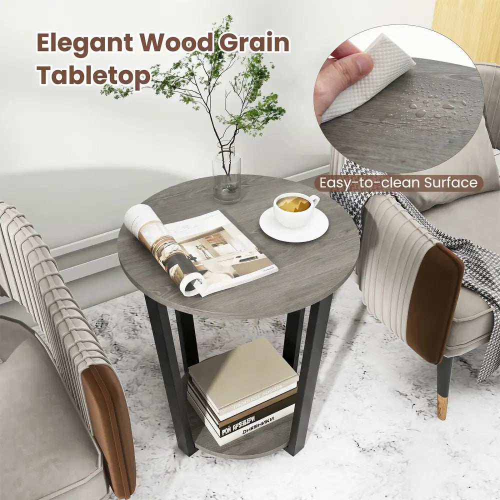 2-Tier Round End Table with Storage Shelf and Metal Frame-Oak - Oak - End & Side Tables