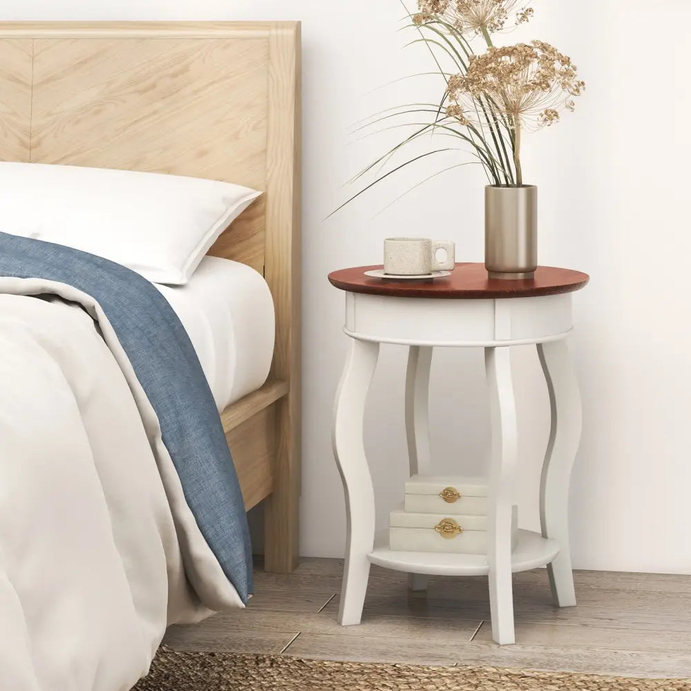 2-Tier Round End Table with Storage Shelf and Solid Rubber Wood Legs-Walnut & White Costway