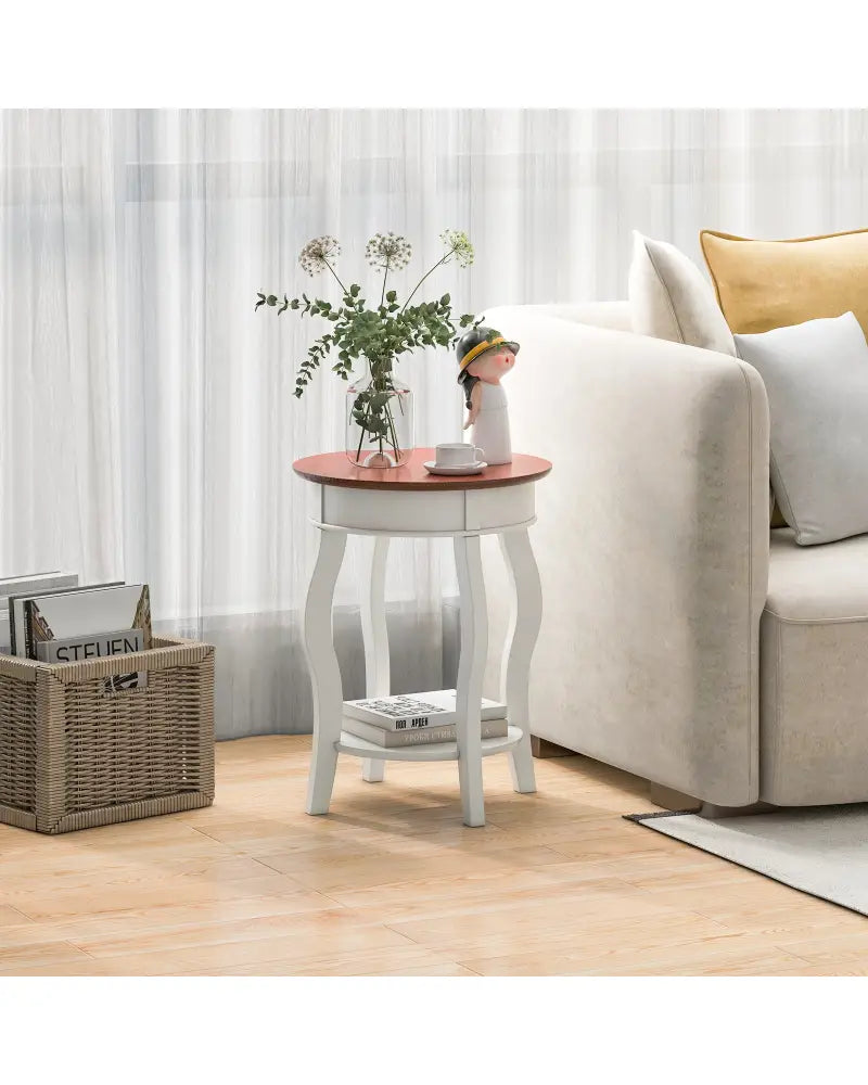 2-Tier Round End Table with Storage Shelf and Solid Rubber Wood Legs-Walnut & White - Walnut & Gray - End & Side Tables