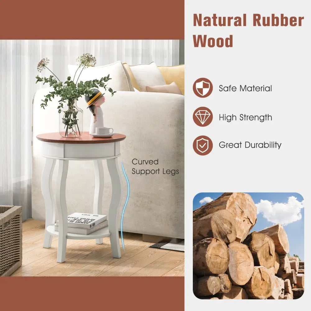 2-Tier Round End Table with Storage Shelf and Solid Rubber Wood Legs-Walnut & White Costway