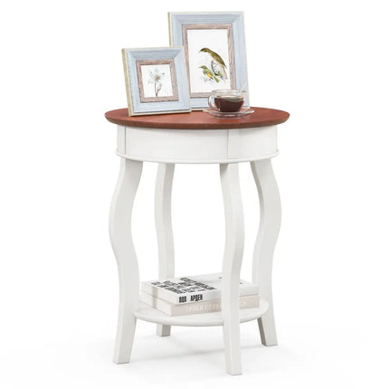 2-Tier Round End Table with Storage Shelf and Solid Rubber Wood Legs-Walnut & White Costway