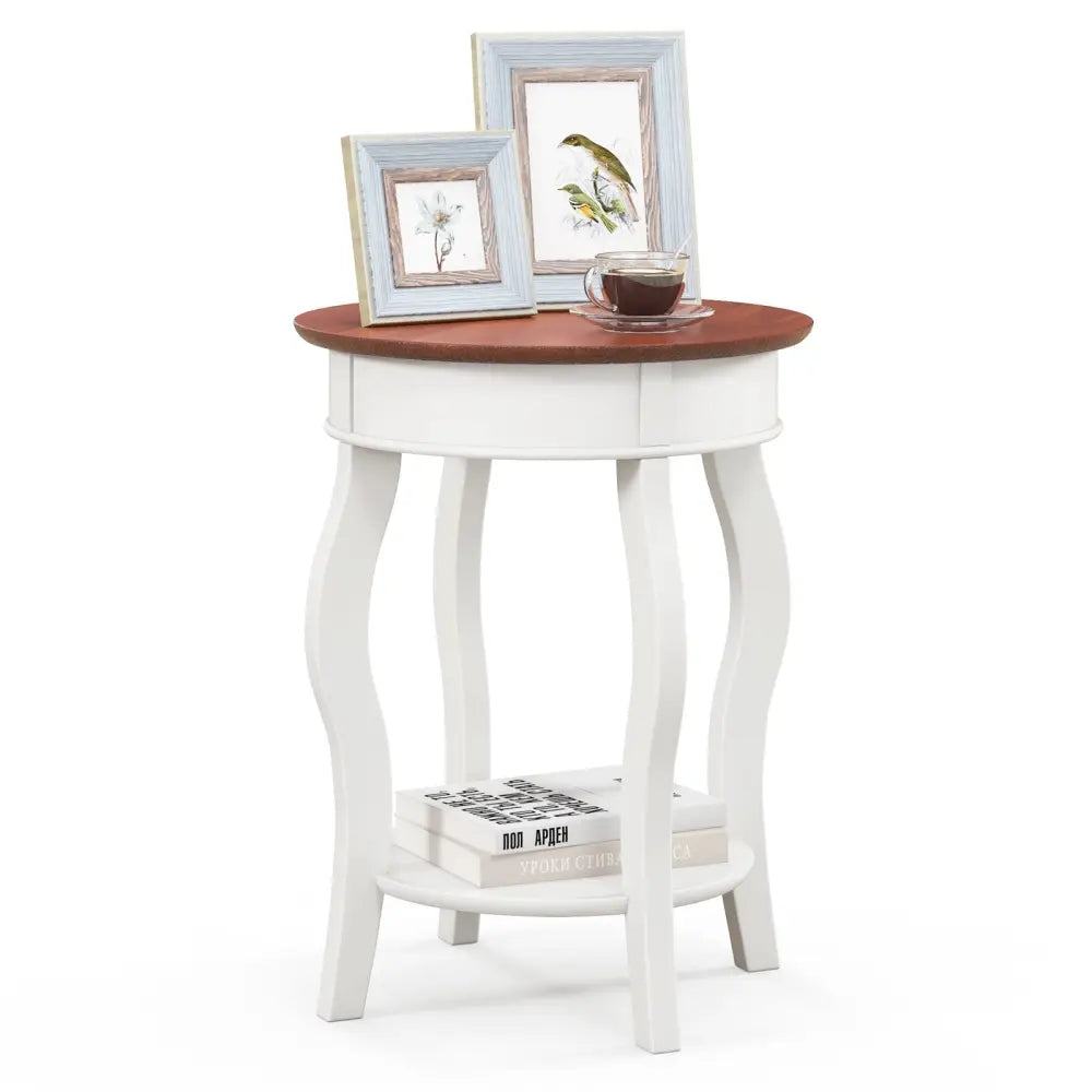 2-Tier Round End Table with Storage Shelf and Solid Rubber Wood Legs-Walnut & White Costway