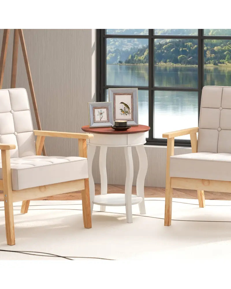 2-Tier Round End Table with Storage Shelf and Solid Rubber Wood Legs-Walnut & White - Walnut & Gray - End & Side Tables