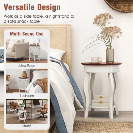 2-Tier Round End Table with Storage Shelf and Solid Rubber Wood Legs-Walnut & White Costway