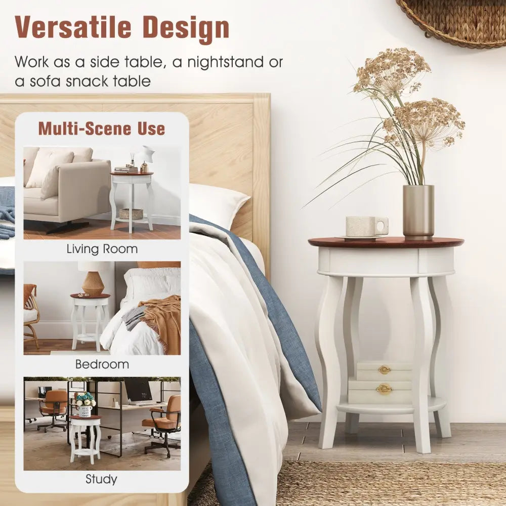 2-Tier Round End Table with Storage Shelf and Solid Rubber Wood Legs-Walnut & White Costway