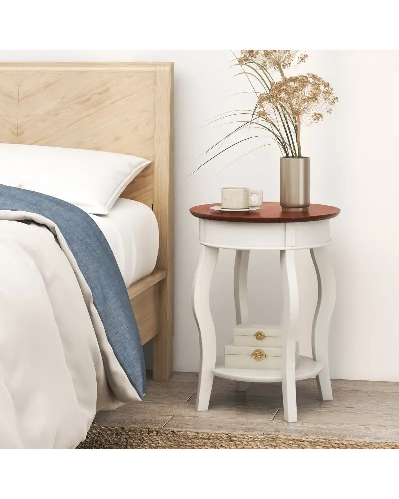 2-Tier Round End Table with Storage Shelf and Solid Rubber Wood Legs-Walnut & White - Walnut & Gray - End & Side Tables