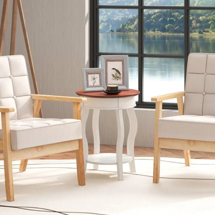 2-Tier Round End Table with Storage Shelf and Solid Rubber Wood Legs-Walnut & White Costway