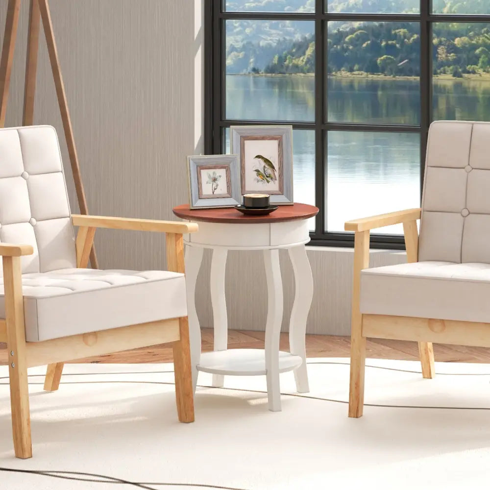 2-Tier Round End Table with Storage Shelf and Solid Rubber Wood Legs-Walnut & White Costway