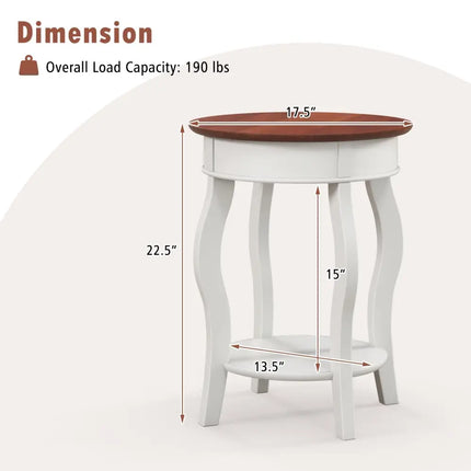 2-Tier Round End Table with Storage Shelf and Solid Rubber Wood Legs-Walnut & White Costway