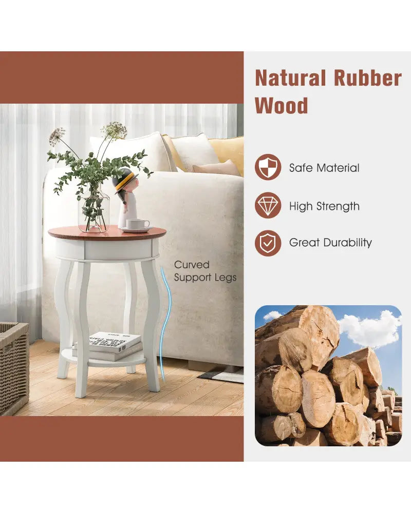 2-Tier Round End Table with Storage Shelf and Solid Rubber Wood Legs-Walnut & White - Walnut & Gray - End & Side Tables
