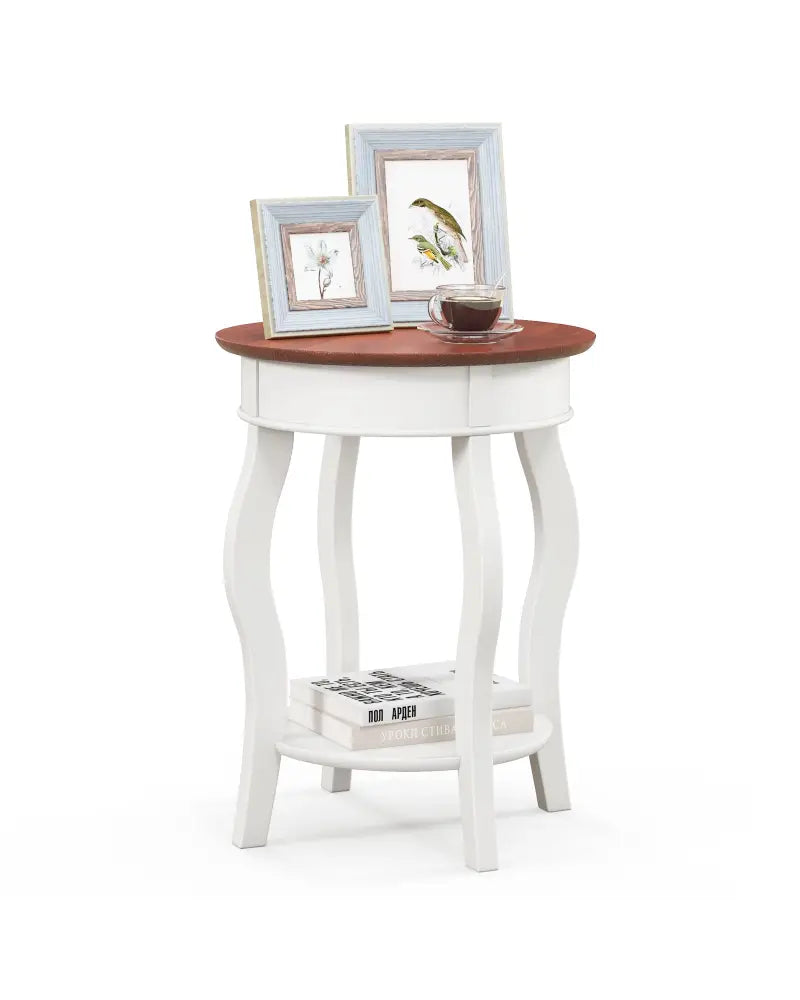 2-Tier Round End Table with Storage Shelf and Solid Rubber Wood Legs-Walnut & White - Walnut & Gray - End & Side Tables