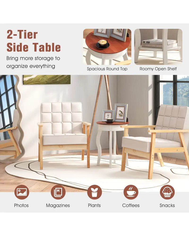2-Tier Round End Table with Storage Shelf and Solid Rubber Wood Legs-Walnut & White - Walnut & Gray - End & Side Tables
