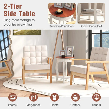 2-Tier Round End Table with Storage Shelf and Solid Rubber Wood Legs-Walnut & White Costway