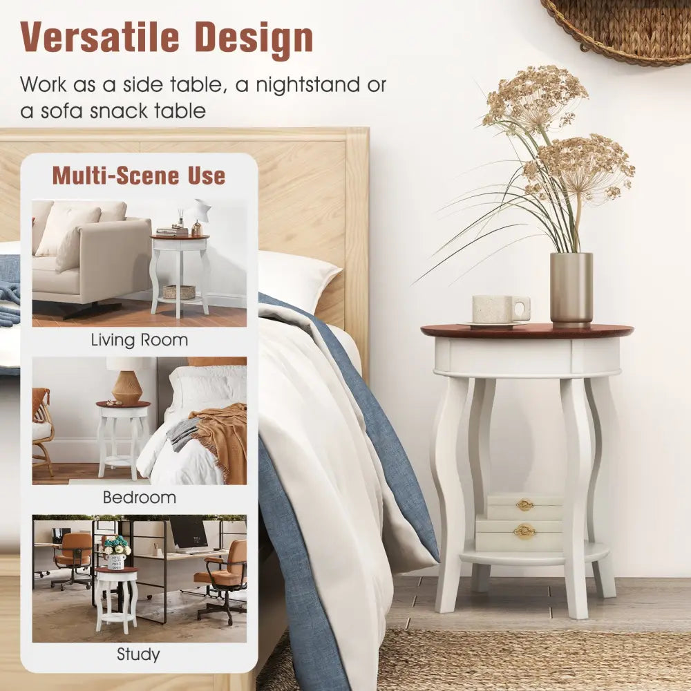 2-Tier Round End Table with Storage Shelf and Solid Rubber Wood Legs-Walnut & White - Walnut & Gray - End & Side Tables