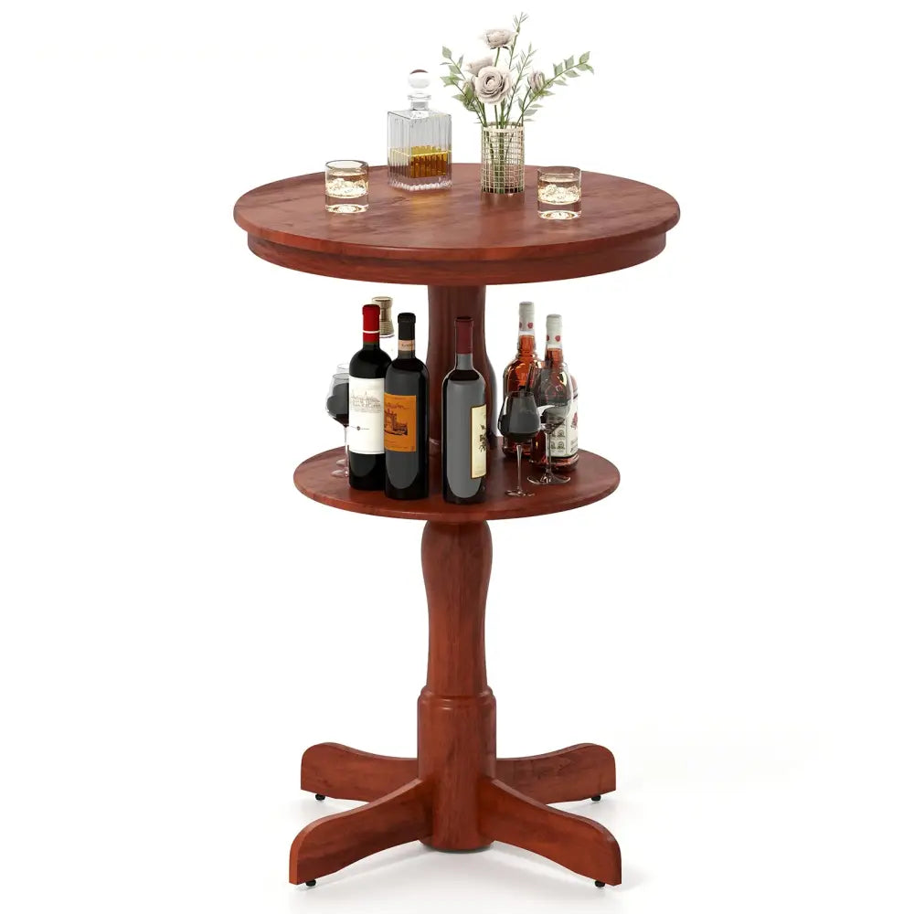 2-Tier Round High Top Bar Table with Storage Shelf and Pedestal Base-Espresso - Espresso - Patio Bar Furniture